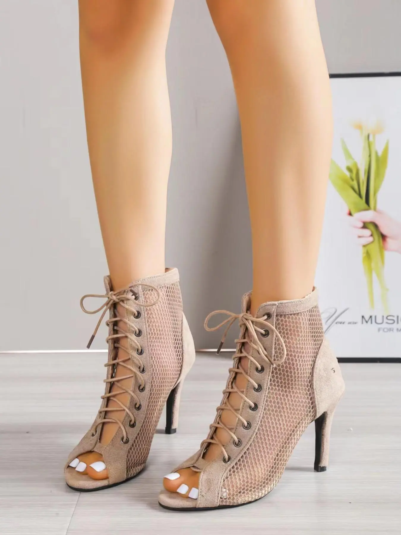 Women's hollow breathable mesh high-heeled sandals, lace-up fishmouth open-toe sandals, Classy sandal, suitable for banquet party wear, as the best choice for gifts