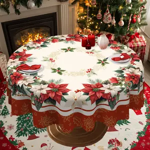 BLIOWL 4 Retro Style Christmas Tablecloths, Santa Claus, Reindeer And Snowman, Poinsettia Themed Atmosphere Tablecloths, 2025 Christmas Decorations, Indoor Dining Tables And Home Decor, Durable 100% Polyester Fabric, Outdoor Christmas Decorations