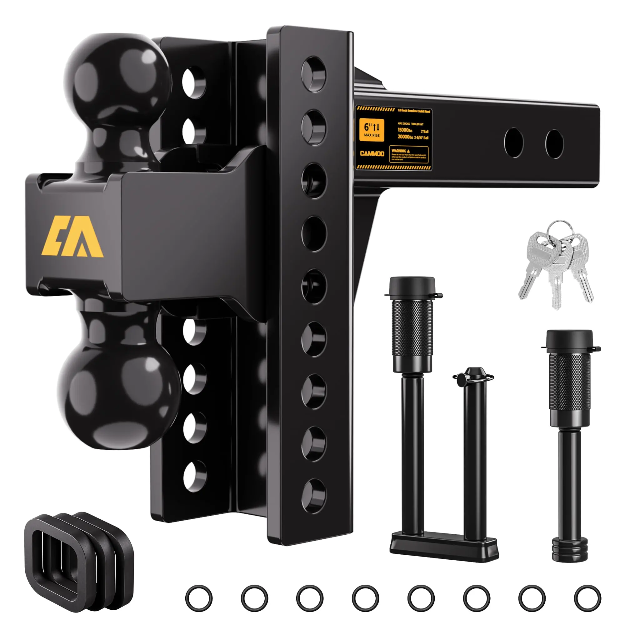 CAMMOO Adjustable Trailer Hitch, Tow Hitch Fits 2 inch Receiver, 6 inch Rise/Drop Hitch, 2" and 2-5/16" Ball Hitch, 20000 LBS GTW Truck Hitch with U-Shaped Alloy Steel Anti-Theft Pin, Black, ML-2060
