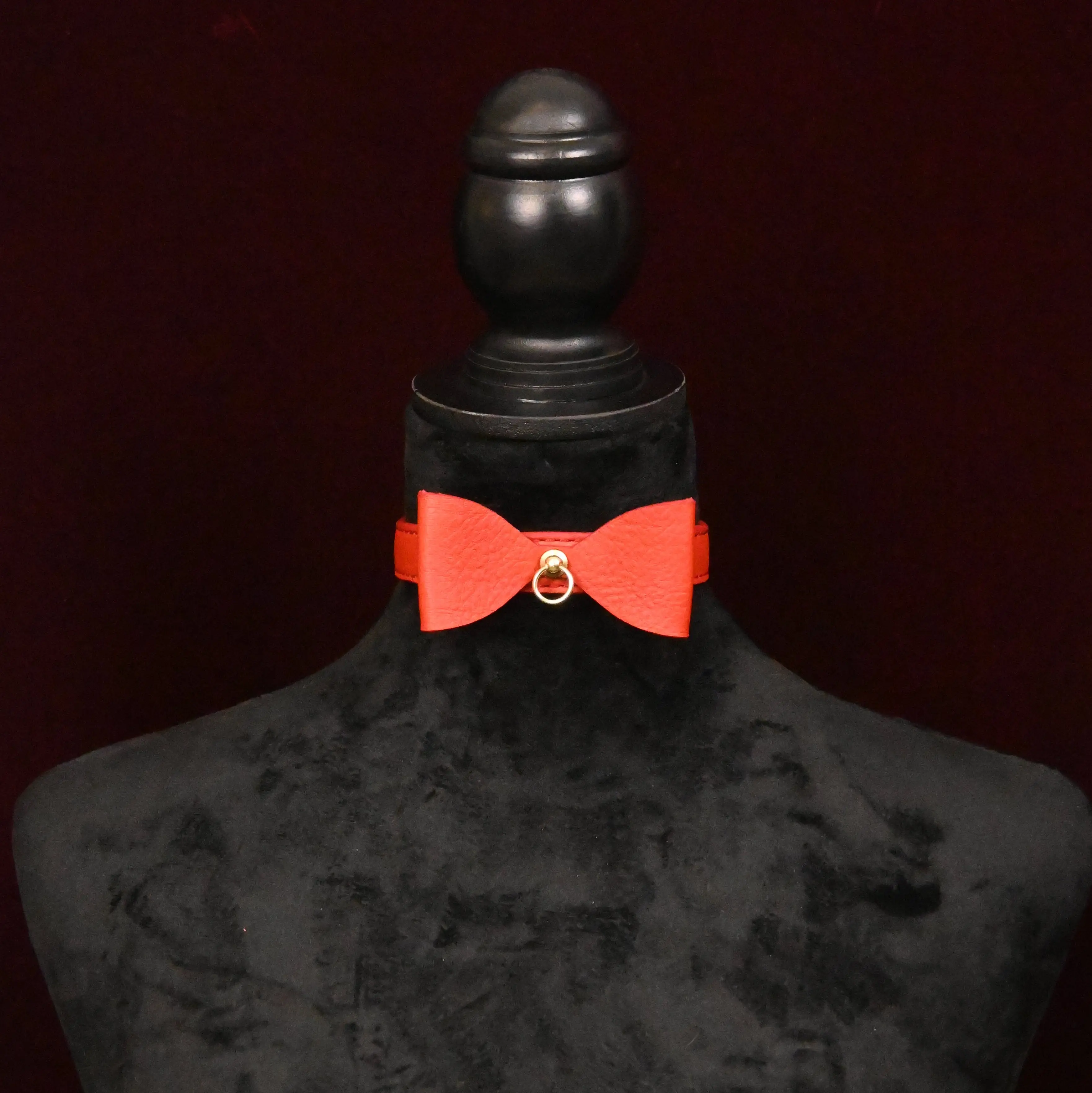 Leather Bow Kitten Collar with Ring - Red