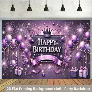 1pc Elegant Purple 2D Flat Polyester Birthday Party Backdrop - Photography Banner with Crown, Balloons, Cakes, Sparkles, Ideal for Indoor/Outdoor Celebrations, Cake Table Decor