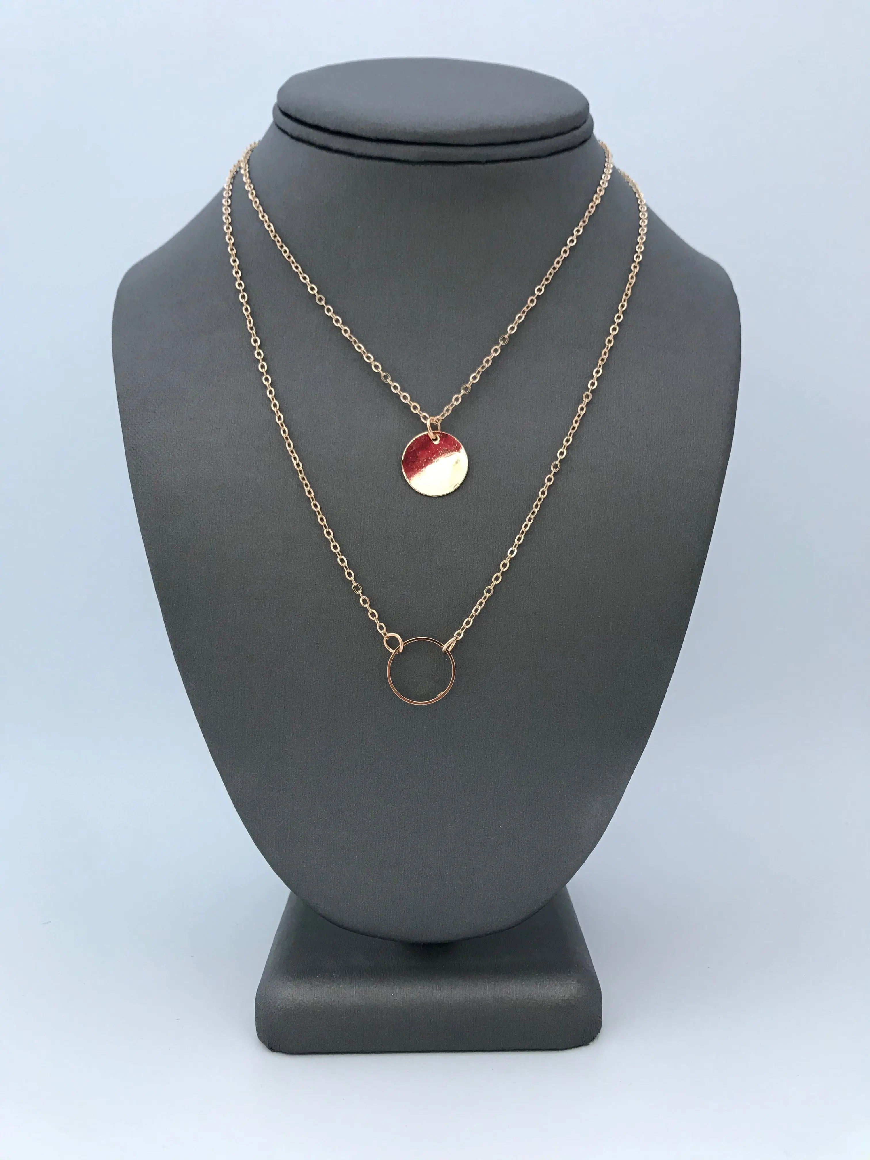 Eclipse Layered Necklace - 14k Gold Plated Brass Base Hypoallergenic Adjustable Length 45cm Chain with Disc & Hollow Geometric Charms