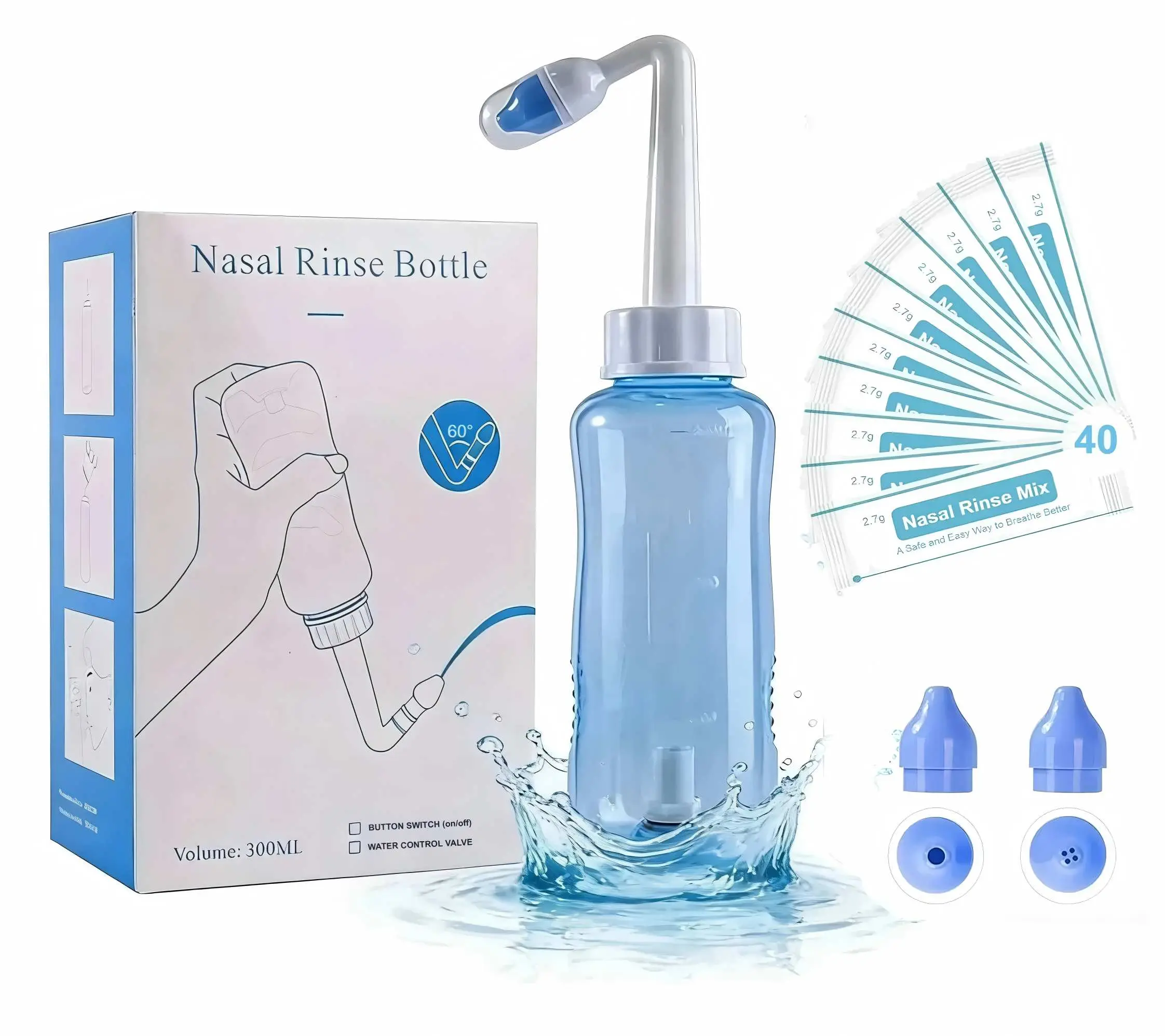 Neti Pot Sinus Rinse Bottle | Gentle Nasal Wash Cleaner 300ML with 40 Nasal Wash Salt Packets