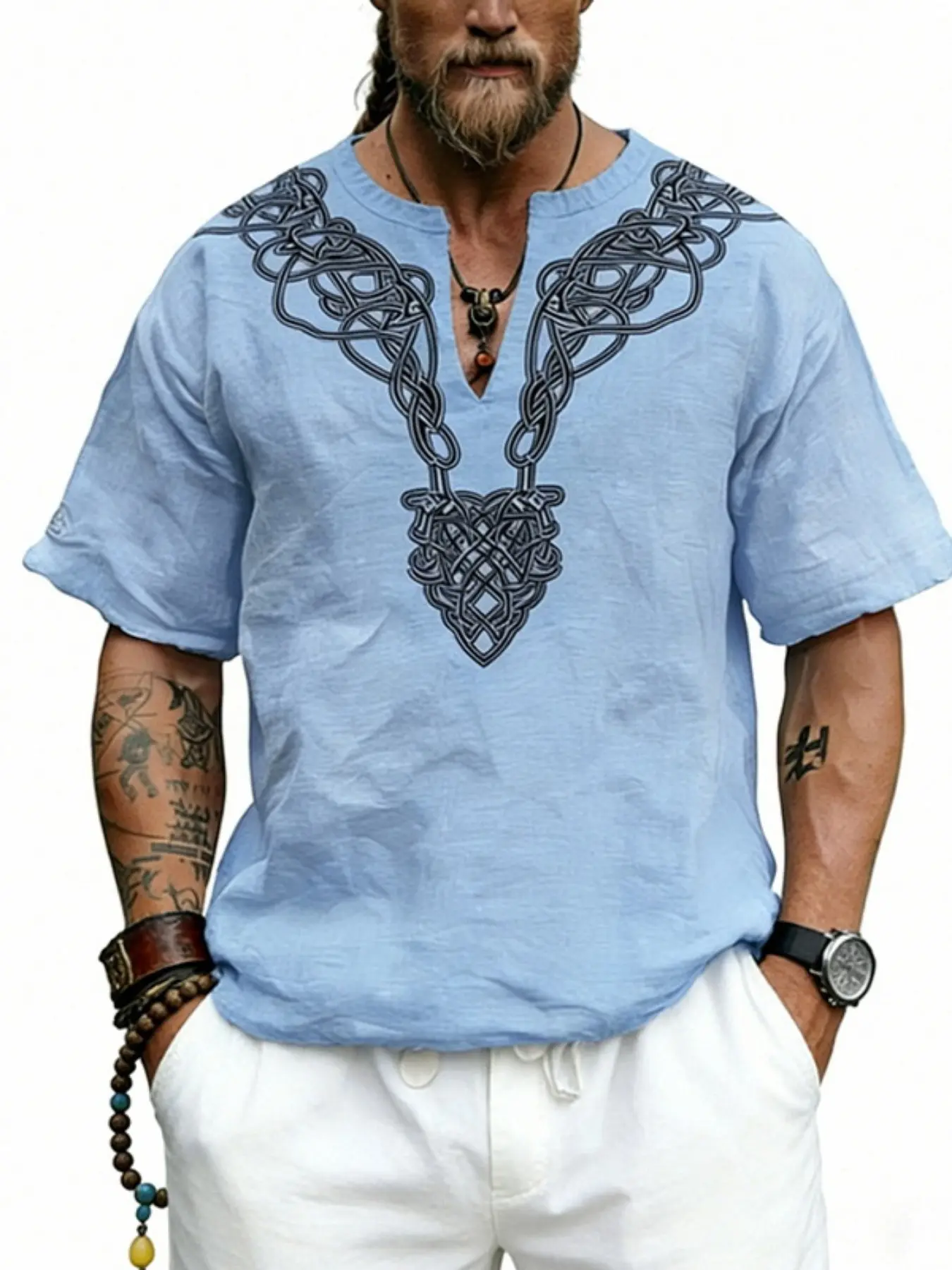 Cross-Border Retro Celtic Knot V-Neck Print Bamboo Hemp T-Shirt, Summer Casual Short Sleeve Top, Comfortable and Stylish Clothing