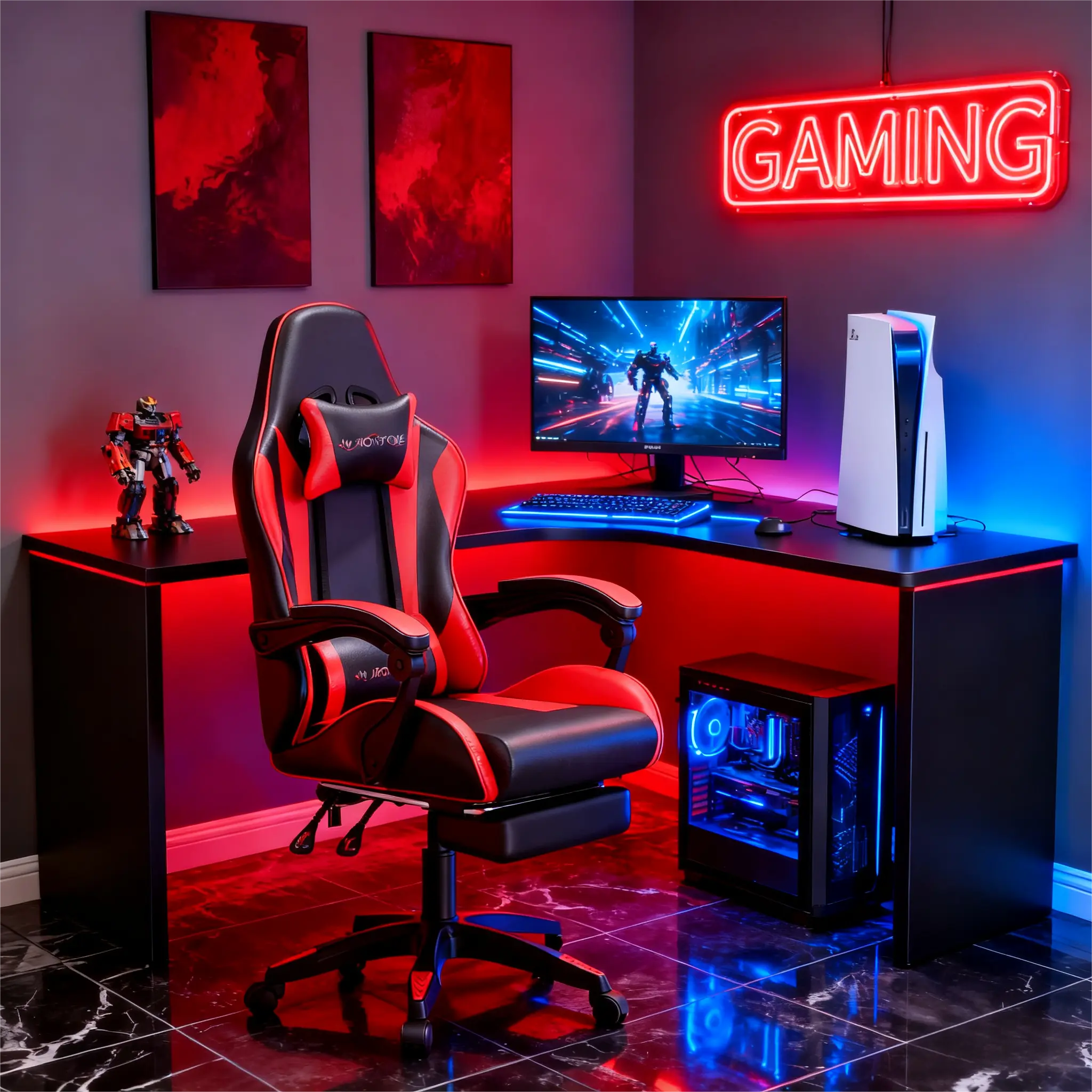 【Hot】Mr IRONSTONE Gaming Chair with Ergonomic Massage Computer Gaming Chair with Broaden Cusion and Footrest High Back Video Game Chair for Adults Kids Boyfriend Father's Gift, Blue Black and Pink