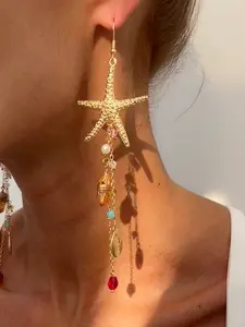 Women Boho Style Ocean Element Starfish Earrings, Unique Earrings, Irregular Crystal Bead Fringe Ear Rings, Daily Holiday Jewelry Accessories
