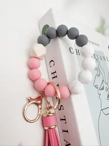 1/5PCS Silicone Bead Rubber Paint Bracelet Keychain, Leather PU Tassel Handmade Beaded Wristband, Keychain Wristlet, Casual Style Accessory for All Seasons