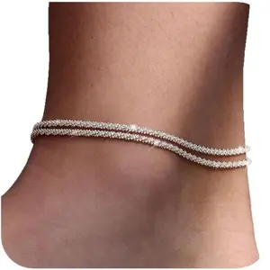 Ladies double textured caterpillar chain anklet, gold and silver minimalist beach foot jewelry, waterproof shiny anklet, suitable for daily and vacation wear in summer