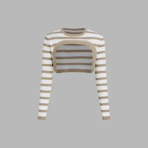 Cider [size 2-26] Round Neck Stripe Knitted Long Sleeve Crop Shrug