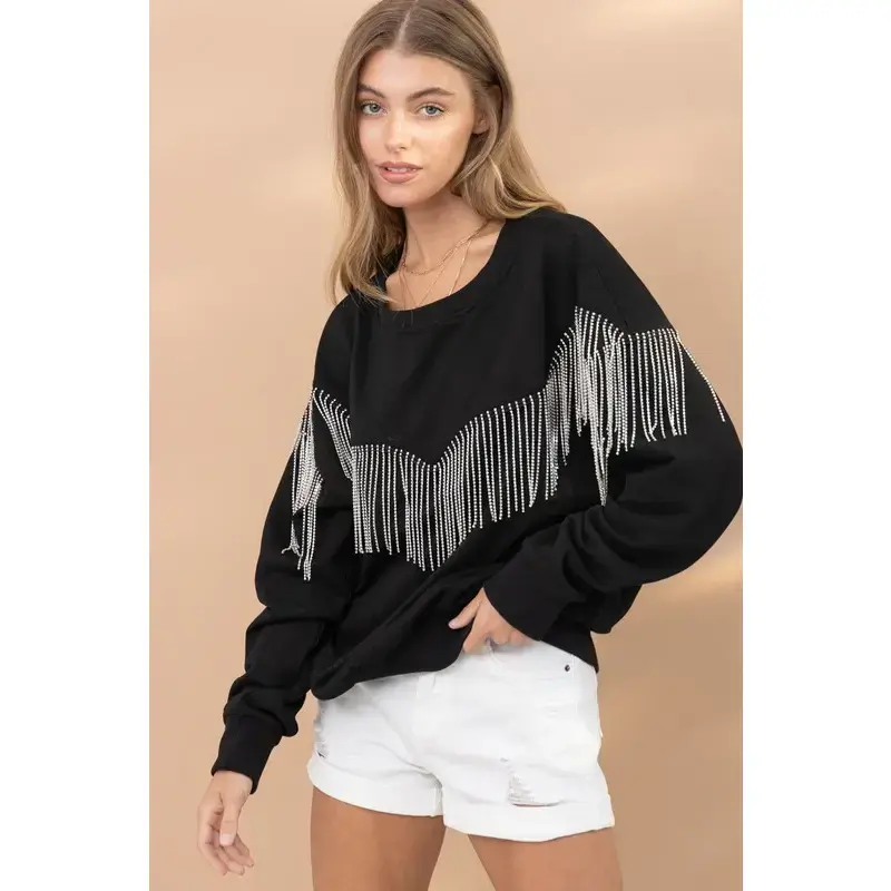 Women's Casual Loose-Fitting Rhinestone Fringe Pullover Hoodie Sweatshirt, Rhinestones, Cotton, Machine Washable