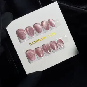 French Cateye Handmade Nail Set - Glitter Rose Gold Press-On Nails for Elegant Manicure