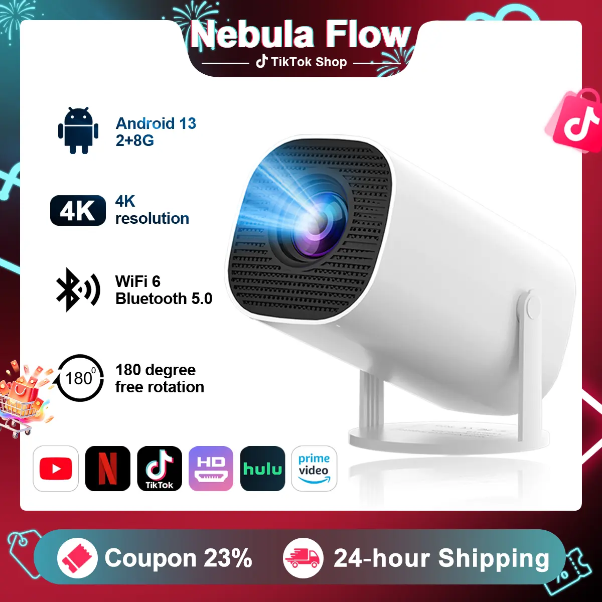 [2026 Picks] Portable Smart Projector with remote control, HD Video Playback, Keystone Correction, Wireless Screen Mirroring for iOS & Android Phones, USB & Audio Device Connectivity, Mobile Cable Compatibility #Homw theater #US Warehouse
