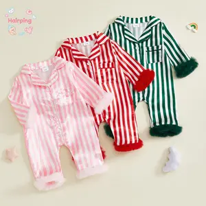 Baby Girls Pajamas, Long Sleeve Furry Patchwork Button Closure Stripes Jumpsuit, Sleepwear Loungewear, Fashionable Toddler Apparel, Soft, Cuddly & Perfect for Daily Wea