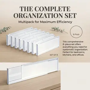 Adjustable Plastic Drawer Divider with Reusable Adhesive Strips 8.5cm Height for Kitchen Cosmetics Clothes Bedroom Bathroom Fridge Office Storage