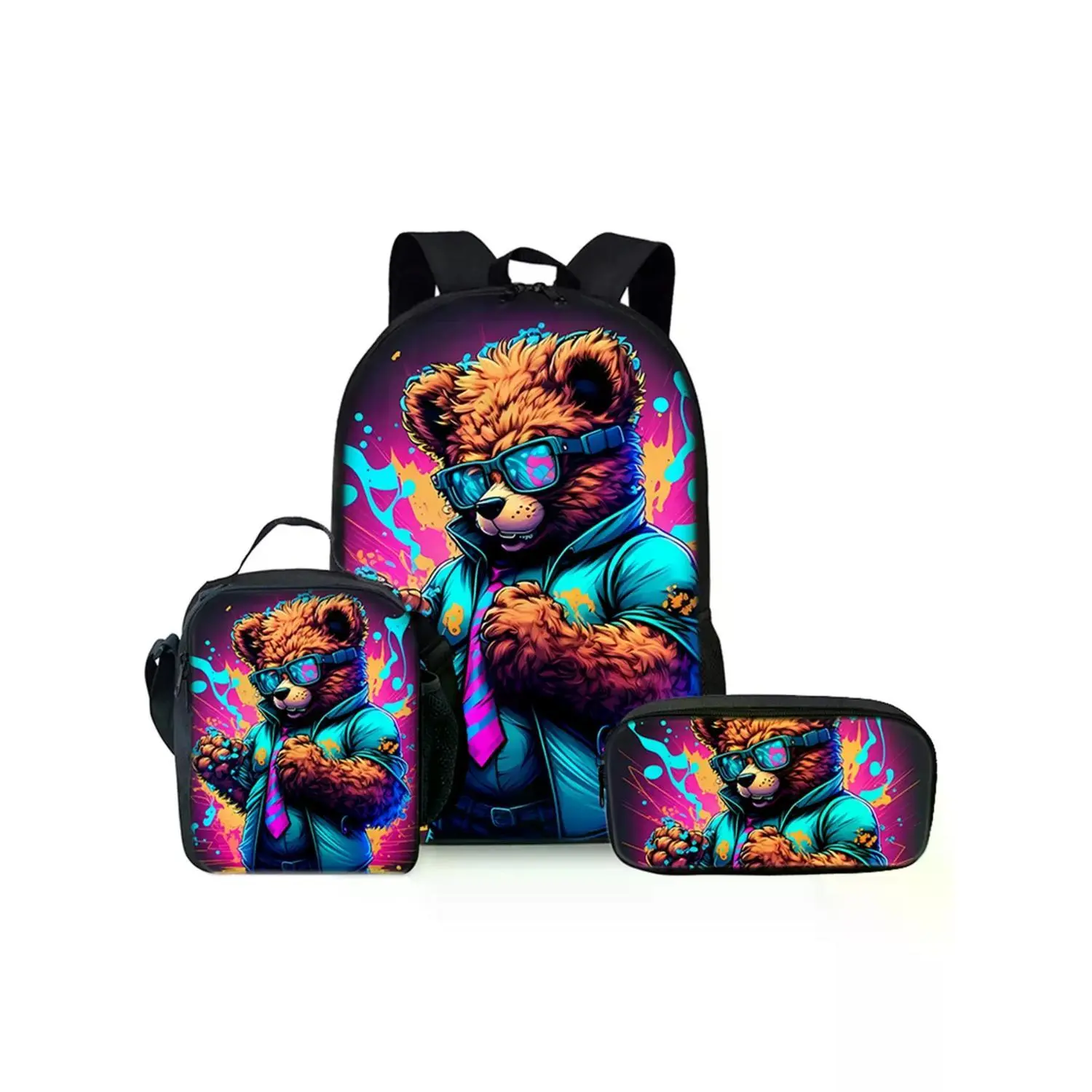 17-in Bear Pattern Printed 3-Piece Backpack Set - Single-Layer Backpack, Shoulder Strap Lunch Bag, Single-Layer Pencil Bag