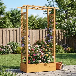 Spaco 70 Inch Wooden Raised Garden Bed with Lattice Trellis – Natural Wood Planter Box for Climbing Plants, Vegetables & Flowers