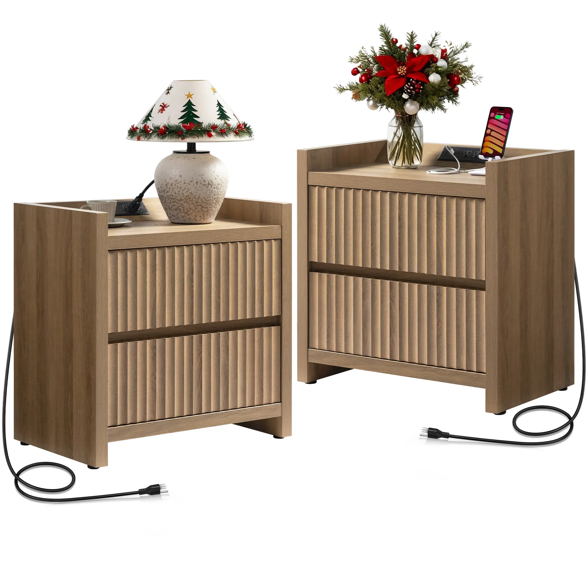 SICOTAS Night Stand Set of 2 Fluted Nightstands with Charger Station, Large Modern Nightstand Bedside Table End Table with 2 Drawers, 25" Wide Farmhouse Night Stands for Bedroom, Sofa Side,dorm essentials,home decor