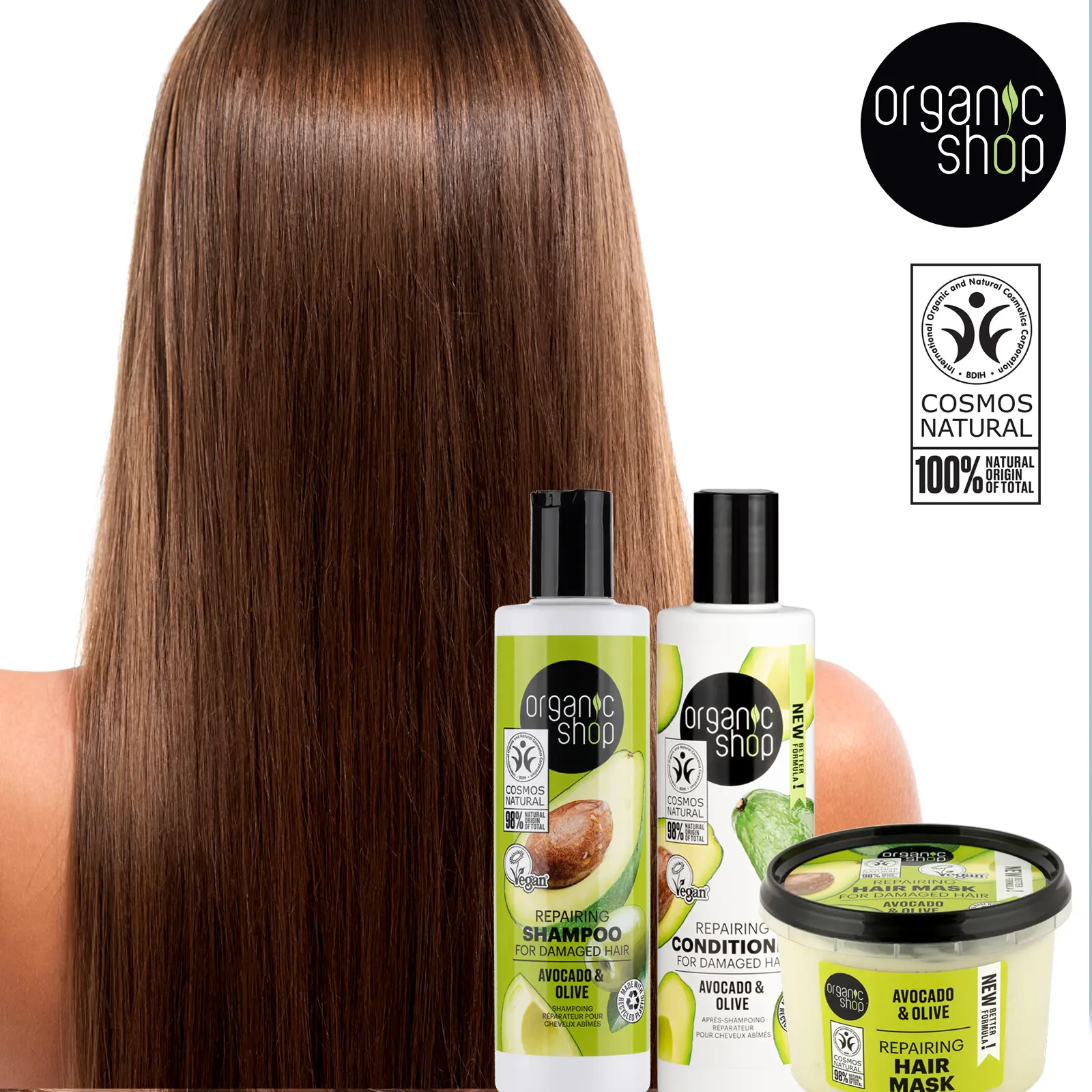 Organic Shop Avocado & Olive – Shampoo + Conditioner + Deep Repairing Hair Mask – Daily Intense Repairing Treatment Set, 100% Vegan & Organic, Rich In Vitamins, Silky Hydration & Nourishing