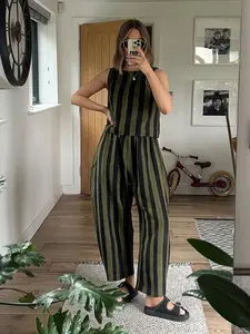 2 Piece Stripe Sleeveless Tank Top and Wide Leg Pants Set, Women's Summer Casual Stripe Printed, Stylish and Comfortable Fashion