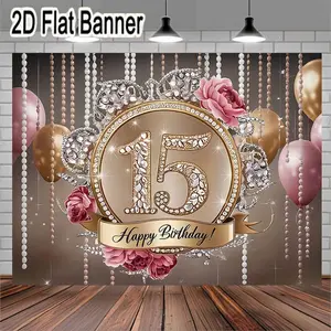 2D flat banner, 1pc15th Happy Birthday Celebration Gold Diamond Emblem with Pink Roses and Elegant Ribbons, Luxurious Birthday Party Decorations featuring Pearl Strands and Gold Balloons, Perfect for Sweet Sixteen Celebrations