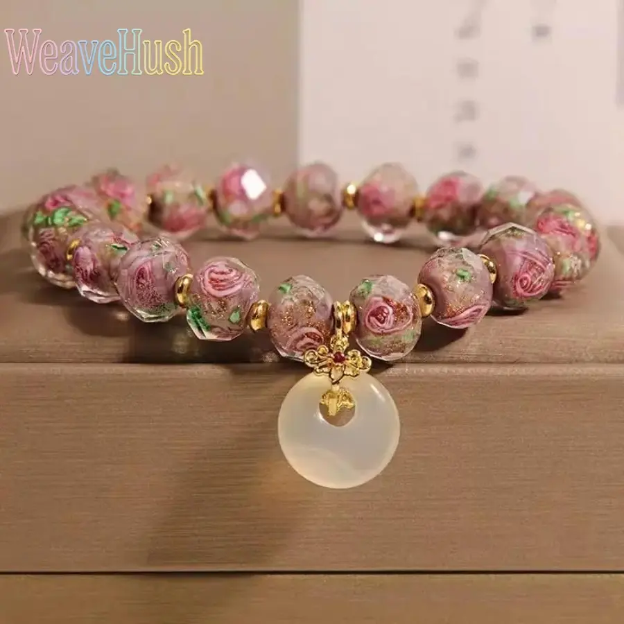 Dainty Bag Charm for Women, Handcrafted Glass Beaded Purse Accessory with Rose Flower Detail, Multi-Strand Design, Beaded Bracelet Set, Bag Accessory, Bangle, Elegant Bangle, Stacking Jewelry, Versatile Bag Accessory