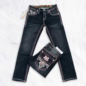 Rock Revival Black Straight Leg Jeans for Men – Western Cowboy Style Denim – Heavy Stitch Embroidered Back Pocket – Y2K Streetwear Jeans – Premium Dark Wash