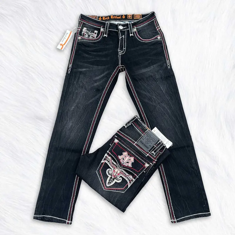 Rock Revival Black Straight Leg Jeans for Men – Western Cowboy Style Denim – Heavy Stitch Embroidered Back Pocket – Y2K Streetwear Jeans – Premium Dark Wash