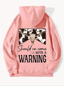 Women's Cow Head & Letter Print Drawstring Hoodie, Graphic Hoodies, Fashion Casual Kangaroo Pocket Hooded Sweatshirt for Fall & Winter, Women's Clothes for Daily Wear