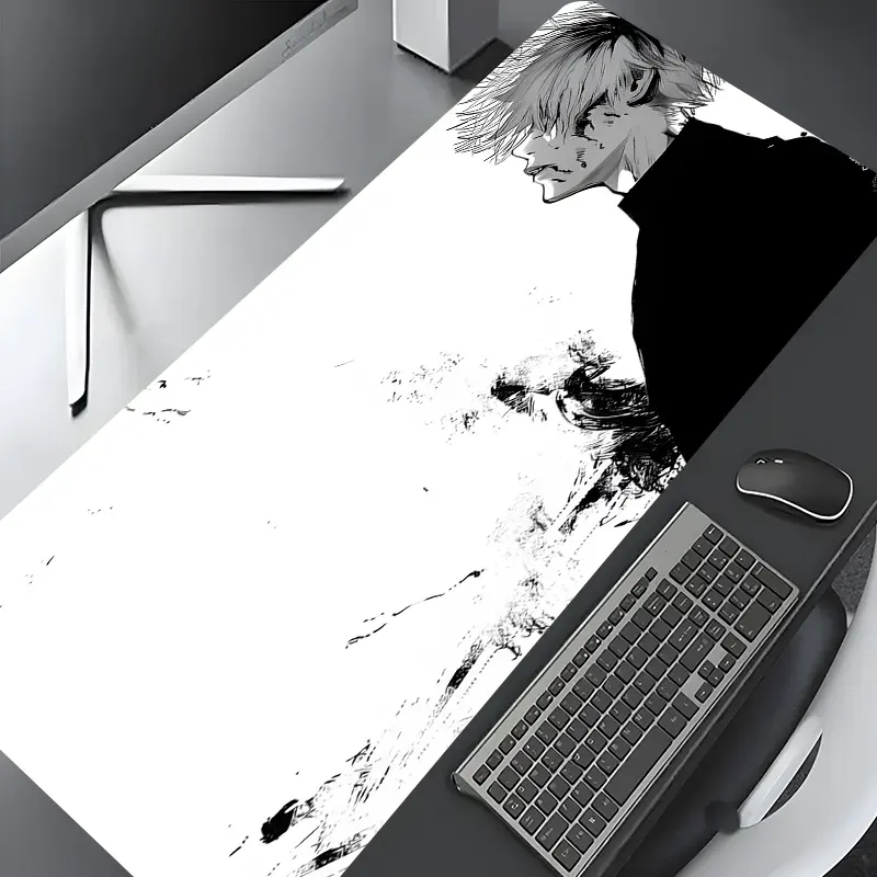 Black and White Bloody Warrior Comic Large Gaming Mouse Pad, aesthetic desktop decoration protection pad, rubber pad non-slip lock edge work pad, multi-size mouse pad suitable for laptop, desktop games, work, family, gift for boys, girls, Desk accessories