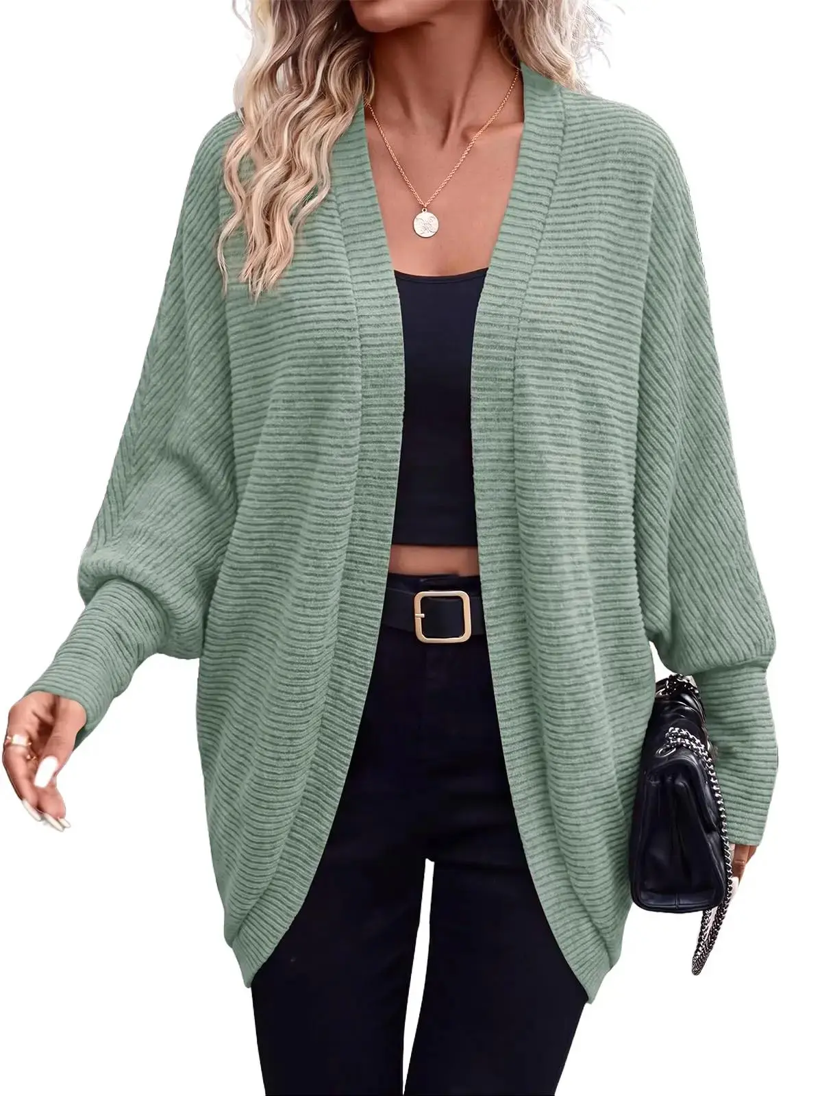 PRETTYGARDEN Women's Lightweight Long Cardigan 2026 Batwing Sleeve Open Front Ribbed Knit Loose Fit Sweater