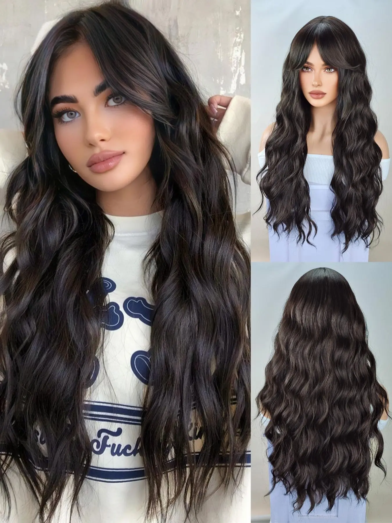 Long Curly Hair Wigs for Women, Glueless Wigs Ready To Wear, Gorgeous Fashion Fluffy Wigs with Bangs, Synthetic Full Machine Wigs for Party, Daily Use, Stylist Friendly Wig