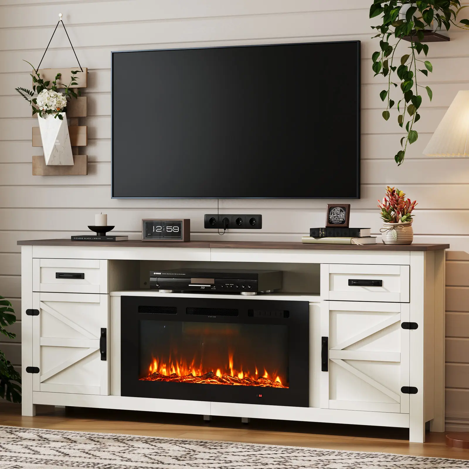 【 Ships 2/3 Packages】70“/80‘Fireplace TV Stand with Barn Door for TVs up to 80", Farmhouse 70" Fireplace Entertainment Center with Storage Cabinets, White TV Stand and Black, Tv Shelf, Farmhouse Tv Stands Tv Console Table Wood Tv Console