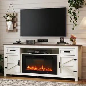 【2/3 Packages Shipping】70"/80"Fireplace TV Stand with Barn Door for TVs up to 80"/90", Farmhouse 36" Fireplace Entertainment Center with Storage Cabinets, White TV Stand and Black, Farmhouse Tv Stands, Wood Tv Console Drawer