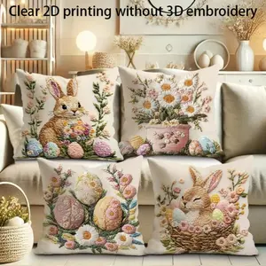 Easter Bunny Egg Flower Pillow Covers Set, Cheerful Rabbit Design, Floral Design, Festive, 4pcs 45x45cm, Soft Plush Material, Hidden Zipper, Indoor Outdoor Decor， Clear 2d printing is not 3d