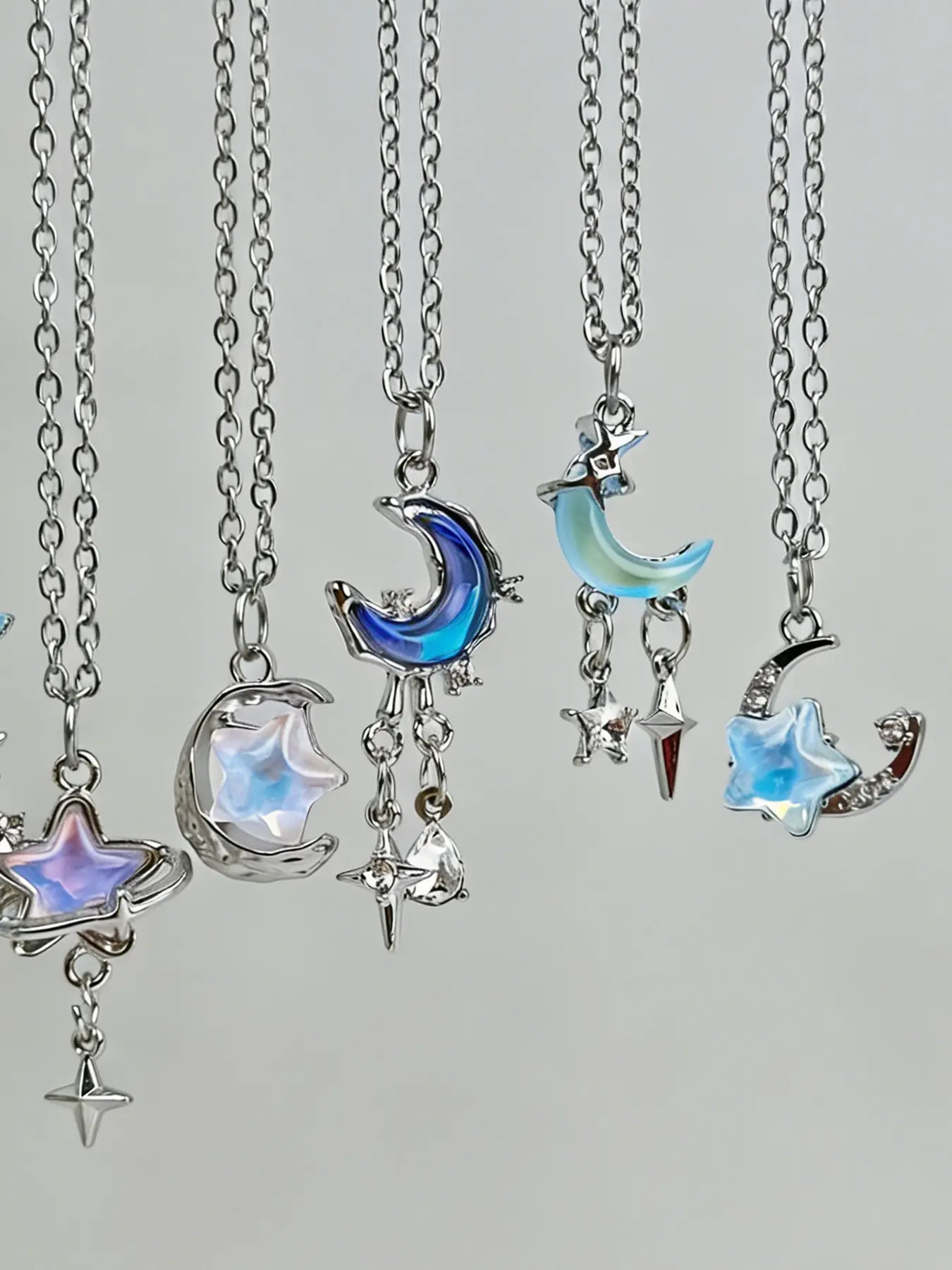 Elegant Romantic Star Moon Necklace Set, Stars Pendant, Moon Pendant, Gradient Color Pendants, Adjustable Pendant Necklaces, Boho Style Necklace, Jewelry Set, Aurora Necklace, Alloy Necklace