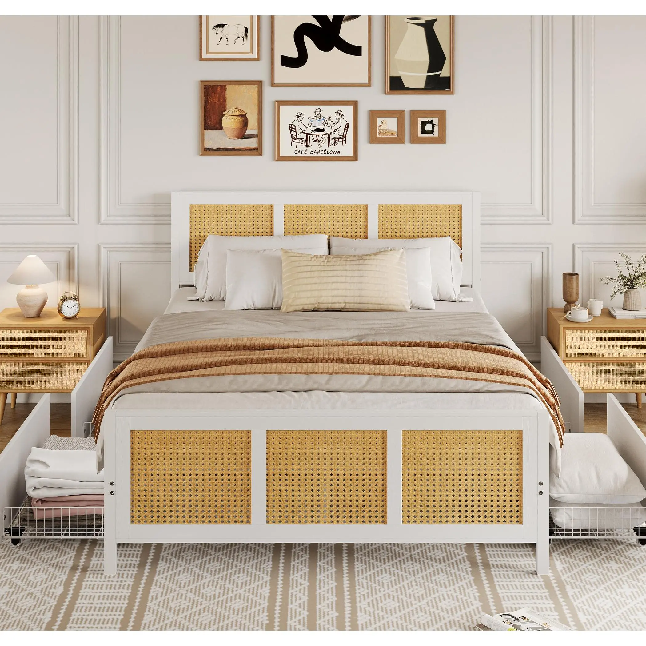 Garvee Boho Rattan Platform Bed Frame with Headboard & 4 Drawers King Queen Full White Black LED Lights Noise Free No Box Spring Needed
