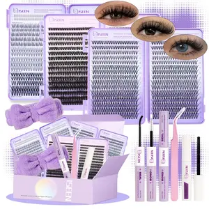 Mix Length DIY Cluster Eyelash Extension Kit, Curled Lashes, Long-Lasting Waterproof, Includes Bond& Seal & Remover Tweezers Headband, Synthetic Realistic Cosmetic Makeup Eyelashes Extensions