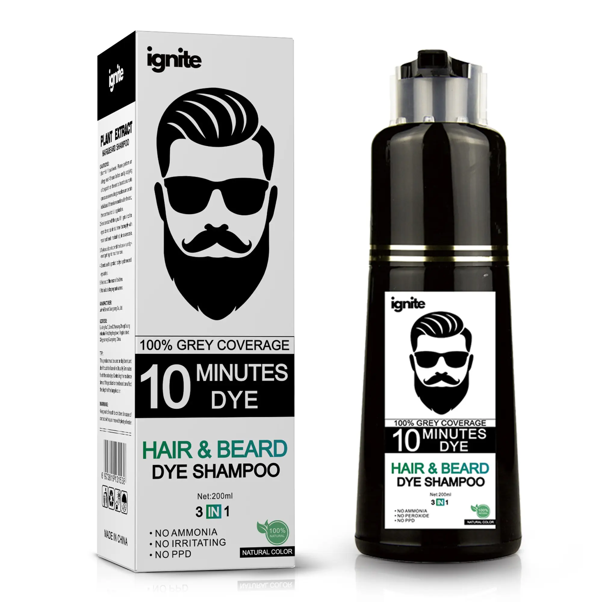 Hair Dye Shampoo for Men - Black Semi-Permanent Color for Natural Grey Coverage on Hair & Beard - 3-in-1 Haircare, 200mL, Dyeing Hair Root Touch Up
