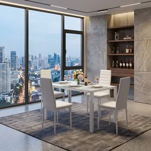 5 Pieces Modern Living Room Dining Table Set, Glass Dining Table for 4 People, High Back PU Leather Dining Chairs, Stylish Kitchen Dining Room Furniture, Versatile Indoor Table and Chairs Combo for Living Room Kitchen Dining Room Apartment Home Decor