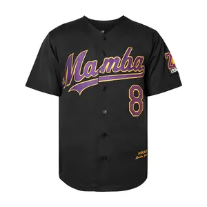 White V-neck short-sleeved baseball jacket with purple and yellow embroidered decorations, prominent numbers 8 and 24, breathable mesh fabric, suitable for casual and sports wear.