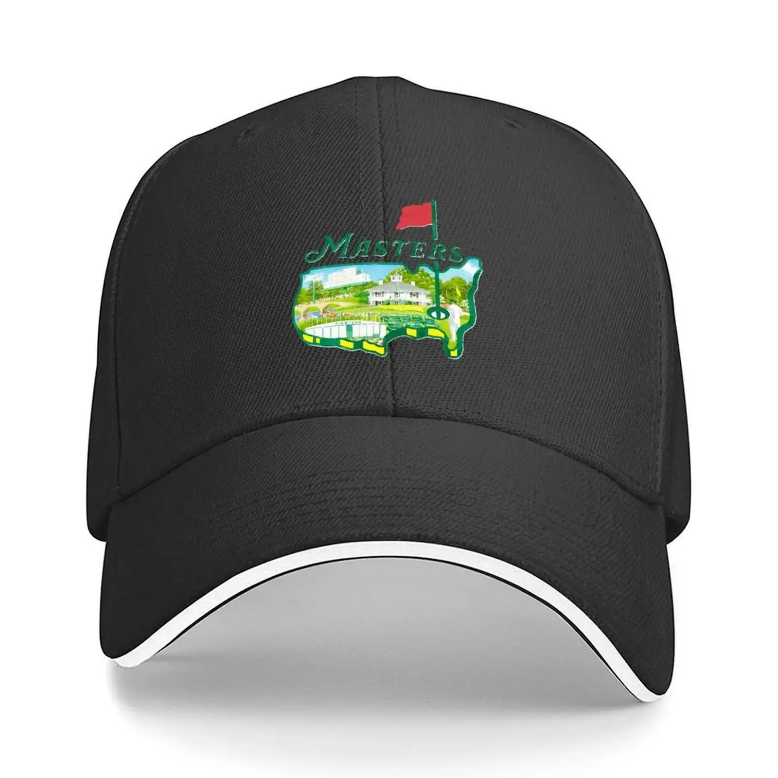 [Adjustable Golf Cap] 100%25 Polyester Adjustable Golf Tournament Baseball Cap |   Black with Vibrant Green Masters Logo & Golf Course Design |   Sporty Casual Hat for Golf Enthusiasts, Sun Protection & Style