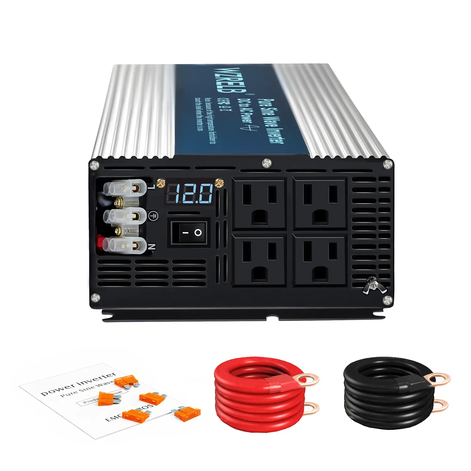 WZRELB 5000W Pure Sine Wave Portable Energy Efficient Home Solar Inverter - 10000W Peak, 12v/24v/36v/48vDC to 110/120vac Converter, LCD Display, 2 US Sockets, Manual, Fuses, Overload Protection, for Outdoor, Emergency Use