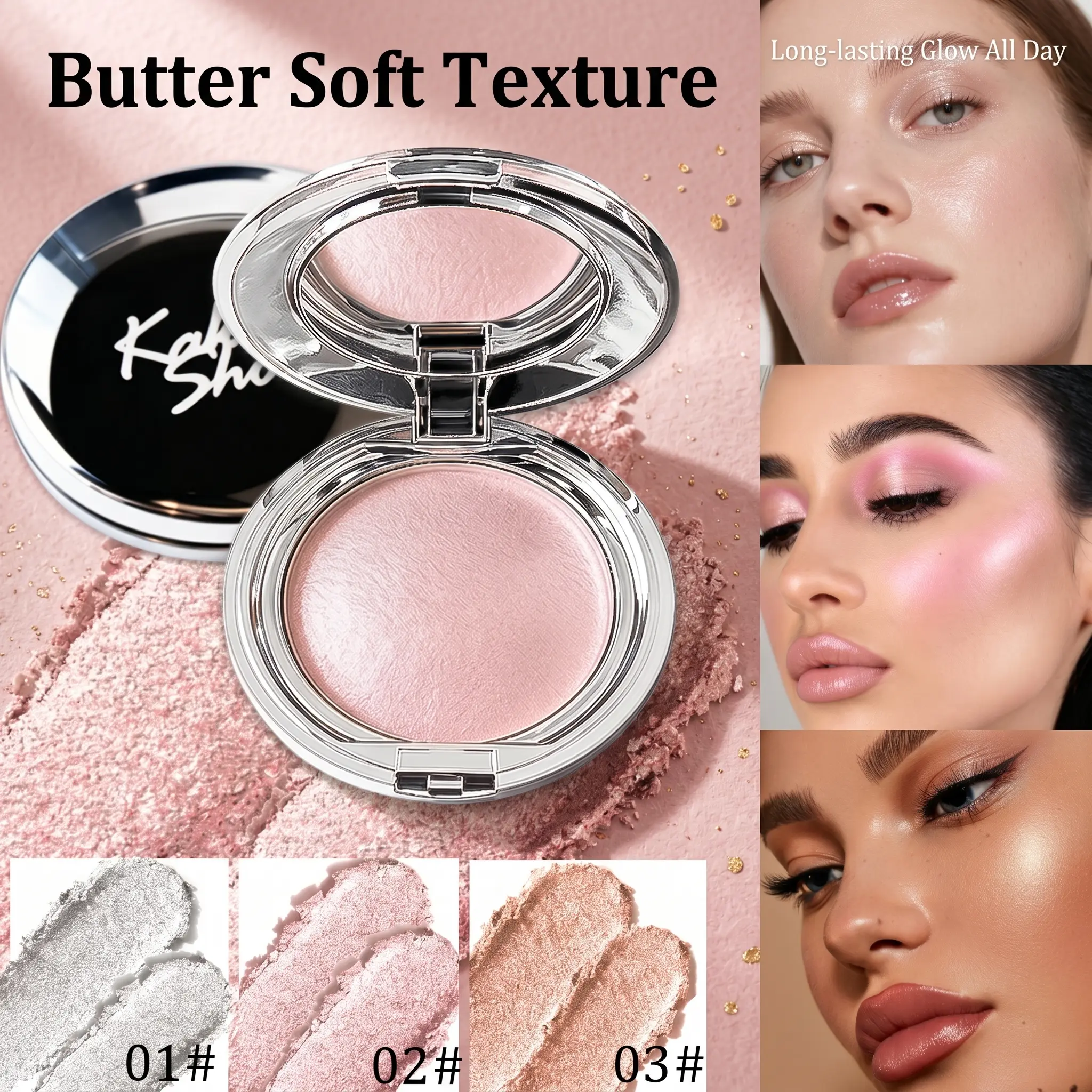 Fall-Ready Highlighter Disc Trio: Diamond Flash & Pearlescent Glow. Creamy Putty Formula, Long-Lasting, Non-Sticky, Smudge-Proof. Rose Gold Case, Instant Glam Makeup ！