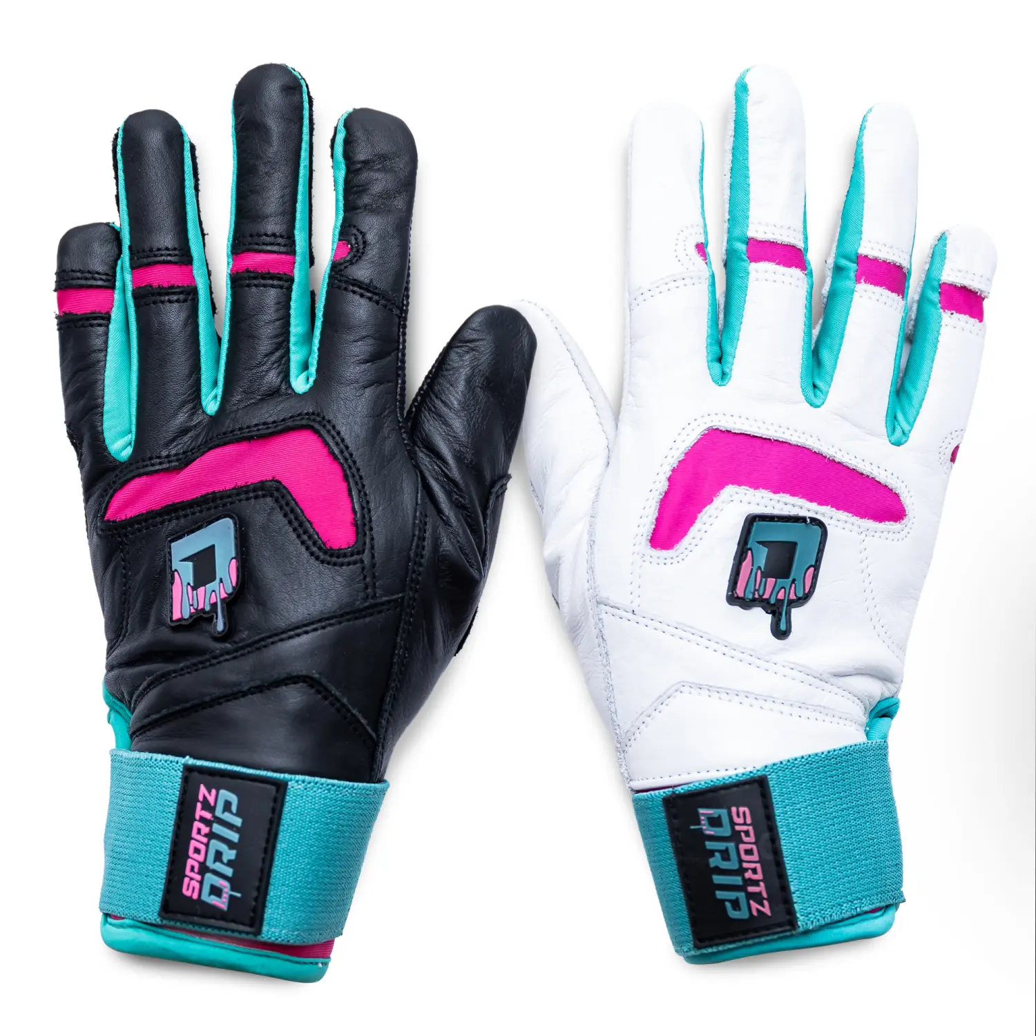 Sportz Drip Bash Clash Baseball Batting Gloves - Genuine Leather, Flexible White/Black Contrast, Durable Premium Design, Form-Fitting Training Aid, High-Quality Stitching, Mismatched, Reinforced Cuff, Multi-Size for Unisex Adults (L/XL) & Youth
