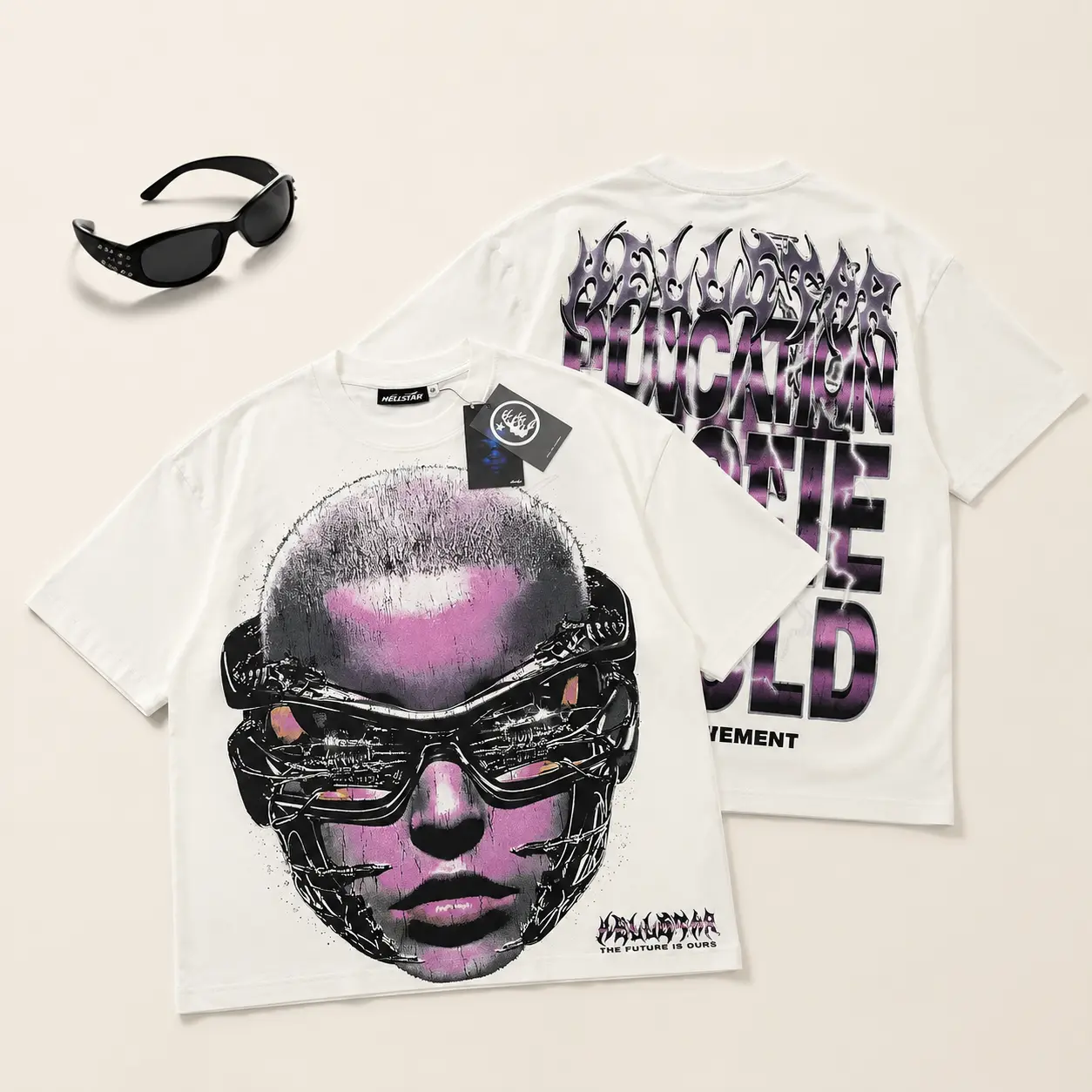 Hell star Cyber Face Graphic T Shirt TikTok Viral Streetwear Tee Cream White Futuristic Y2K Cybercore Rap Tee Vintage Short Sleeve Top Unisex Summer Rave Concert Fit Men Women