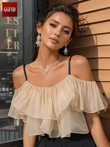 Women's One-Shoulder Chiffon Ruffle Blouse, Summer New Fashionable Light Elegant Short Loose-Fitting Top, High-Quality Ladies' Clothing