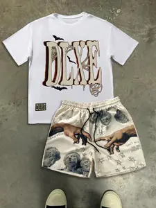Men's Hand Print Short Sleeve Crewneck Graphic Tee & Shorts Two-Piece Set, Regular Fit Casual Round Neck T-shirt & Shorts, Summer Clothes Set for Men, Casual Fashion Set, Menswear