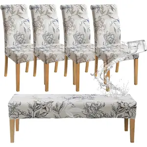 4 Chair and Bench Covers for Dining Chairs Waterproof Floral Dining Room 4 Piece Chair Slipcovers with Bench Seat Cover Set Washable (Waterproof Elegent-Flowers)