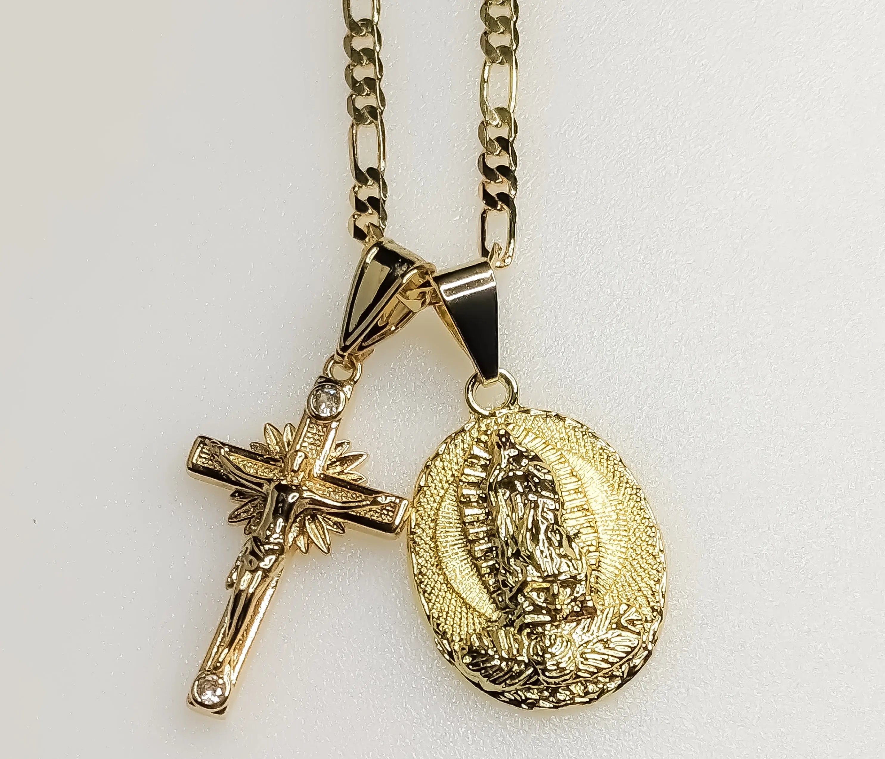 Virgin Mary Cross Double Pendants Charms 3mm Figaro Plated Necklace