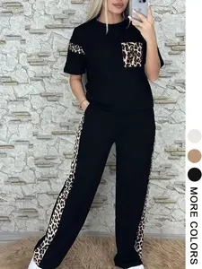 Plus Size Women's Casual Leopard Print Womenswear Set, Comfortable Fitted Knit T-shirt + Relaxed Pants, Perfect for Daily Outings
